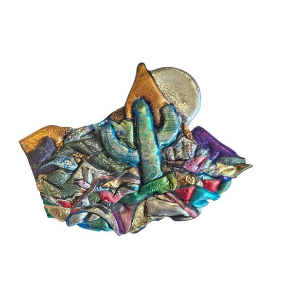 Desert Brooch Cactus Sun Mountain 2.3" Multicolor Pin Handmade Resin Metallic - Picture 2 of 9
